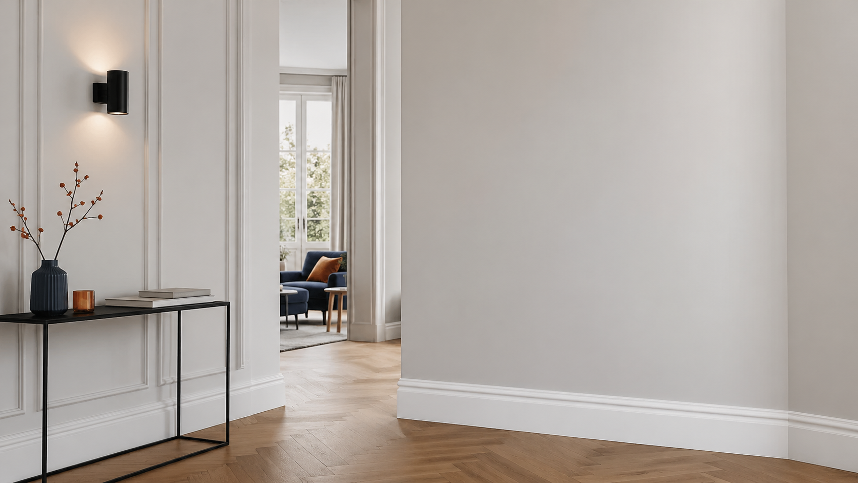 Heller Innenraum mit glatten Wänden und Holzfußboden