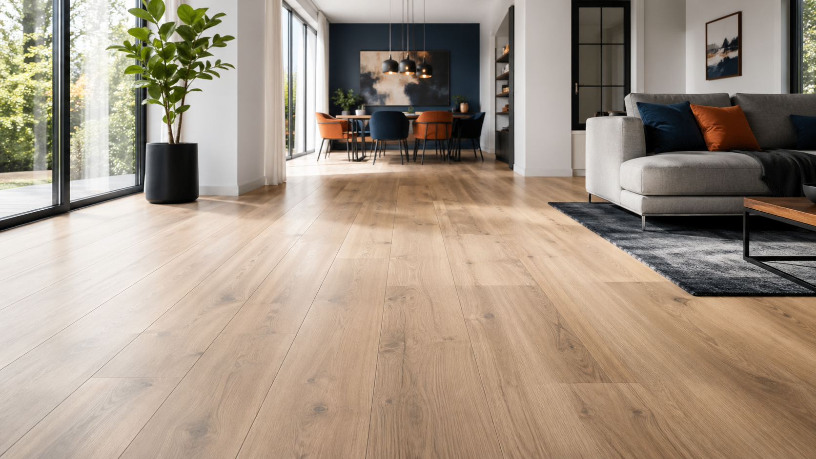 Heller Laminat- oder Vinylboden in modernem Wohnraum