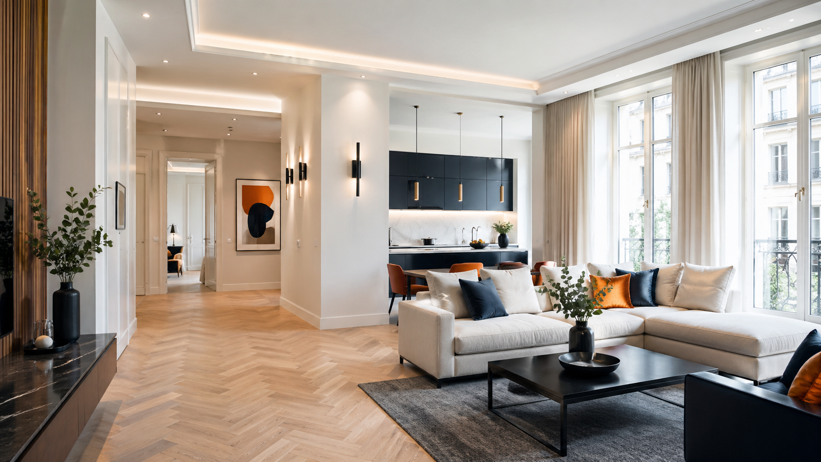 Renovierter Wohnbereich mit hellem Boden und moderner Raumwirkung