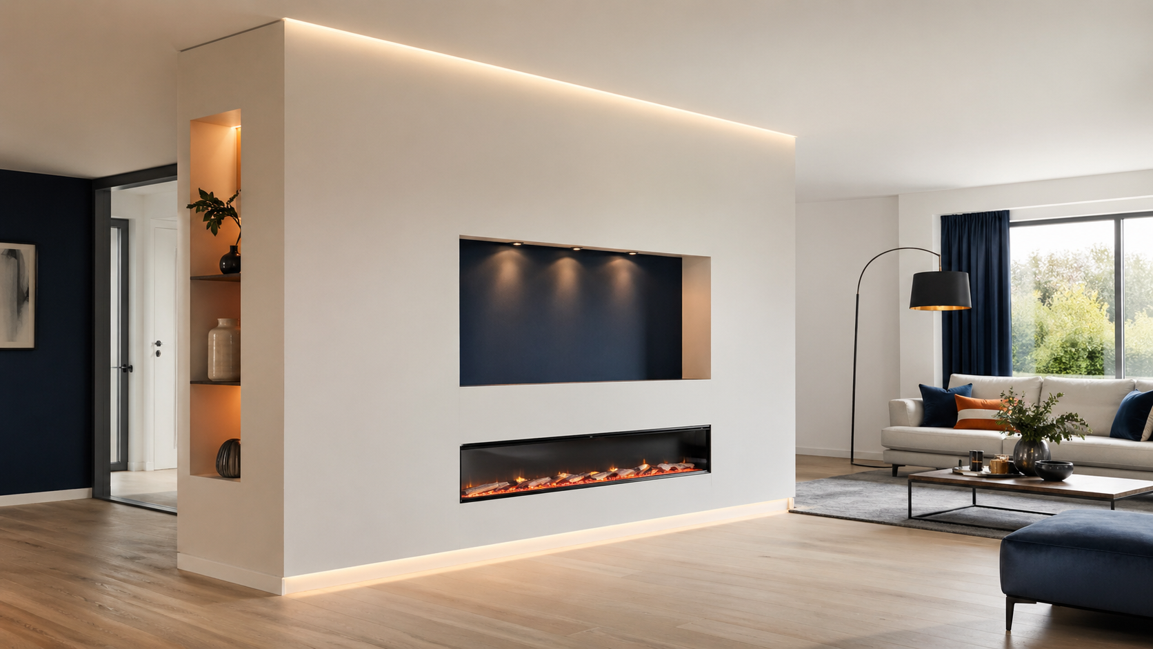 Moderner Innenraum mit Trockenbauelement und Lichtdetails